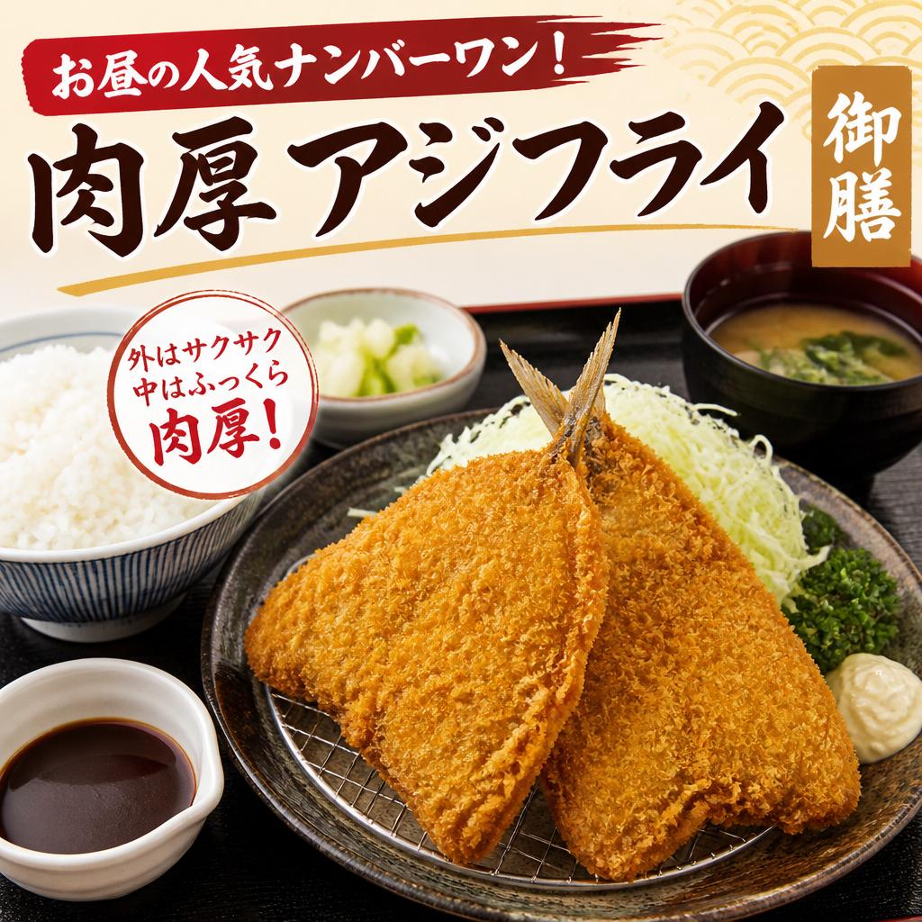 お昼の人気ナンバーワン！肉厚アジフライ御膳